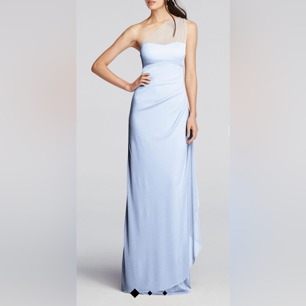BRAND NEW David’s Bridal Long Mesh One Shoulder Illusion Dress in ice blue size0